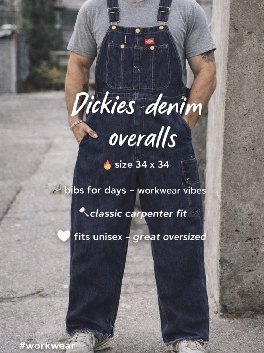 Dickies Denim Overalls 34x34 Wide Leg Raw Hem Carpenter Workwear streetwear